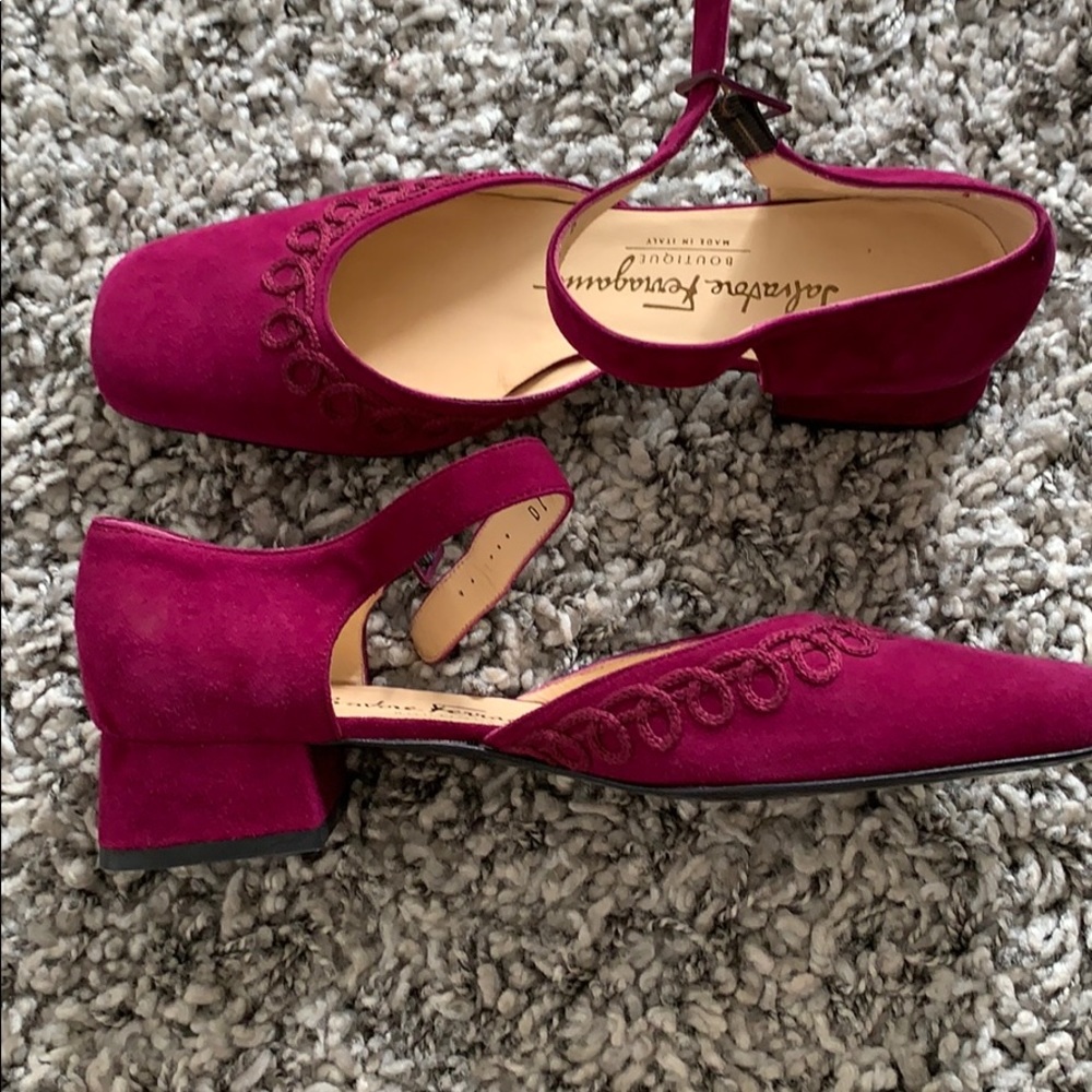 Salvadore Ferragamo purple ankle strap block heels